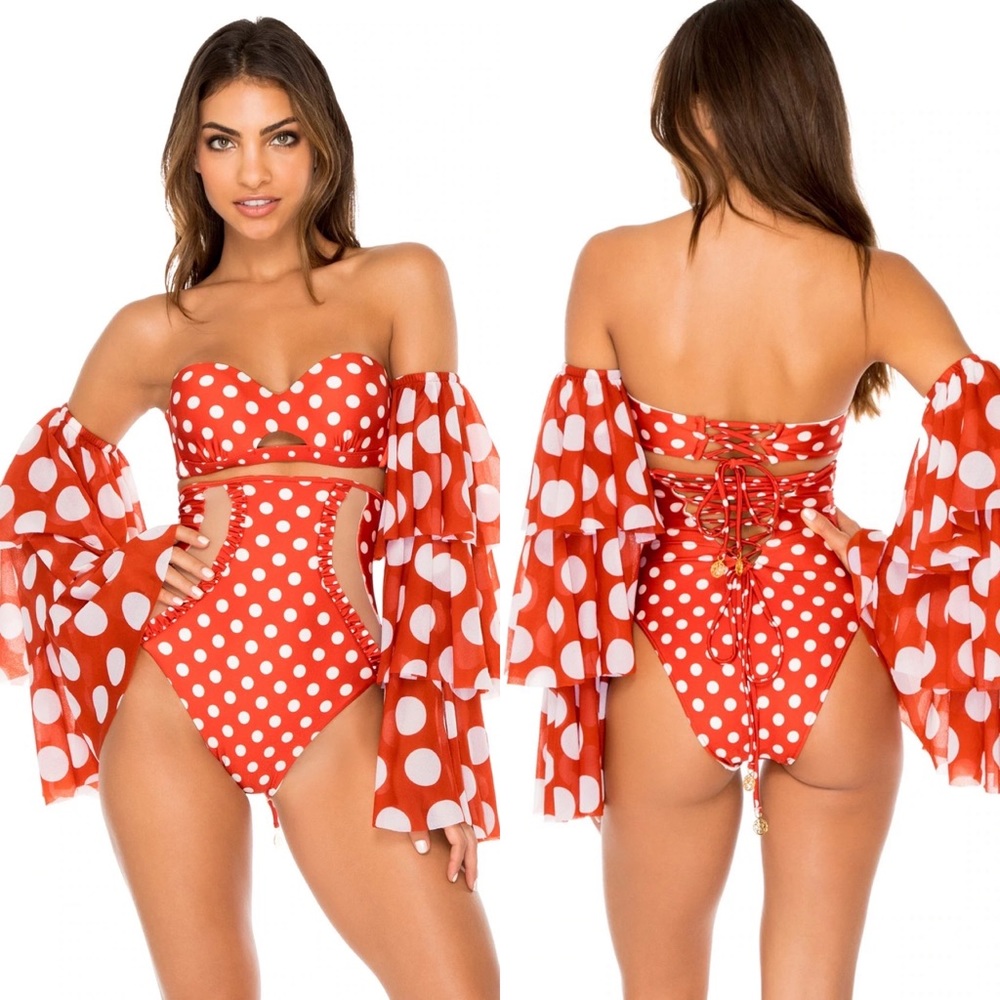 Luli Fama Swim Bikini High Waist Red Polka Dot Ivory Ruffle Corset Beach Large L